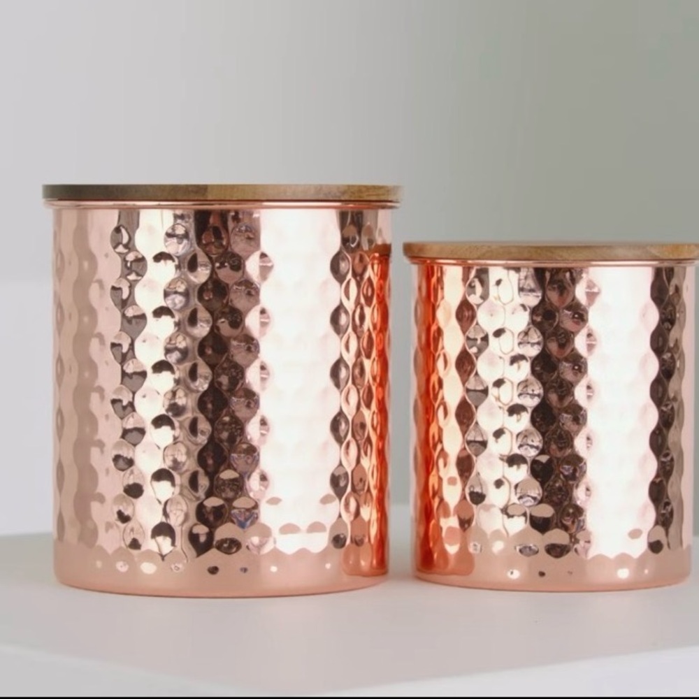 New inbox never used Hammered Copper Canister Set of two with wooden lids
